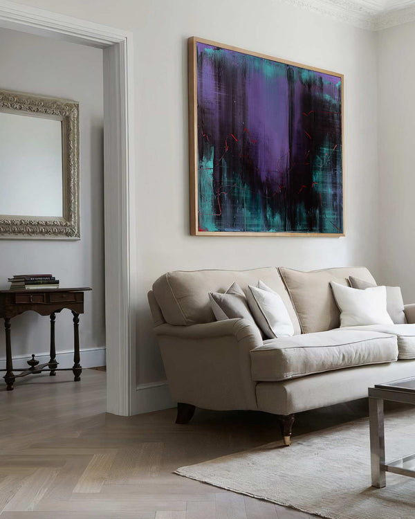 A Map of Nowhere, purple original abstract painting shown in a styled living room, by Nemanja Nikolic