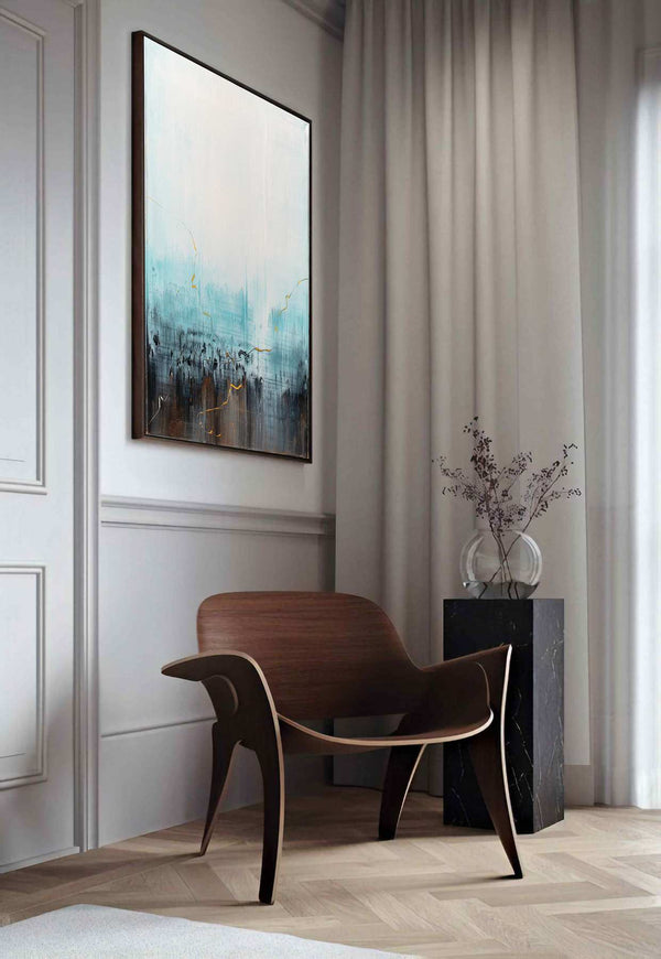 A Moment Before, white original abstract painting shown in a styled living room, by Nemanja Nikolic
