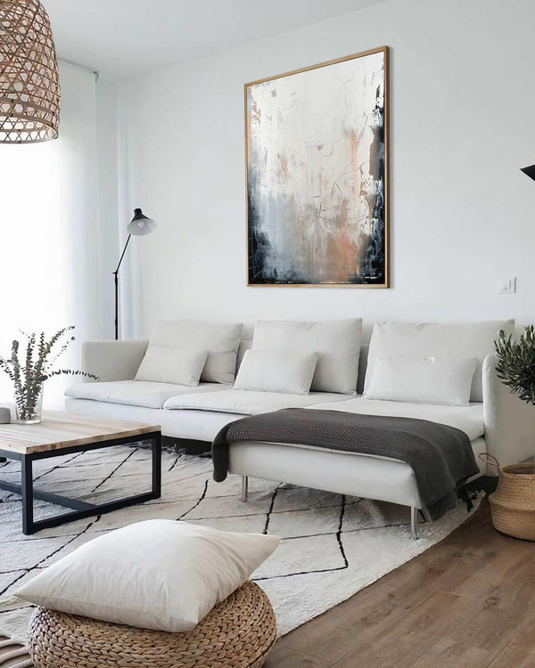 Across the Line, white original abstract painting shown in a styled living room, by Nemanja Nikolic