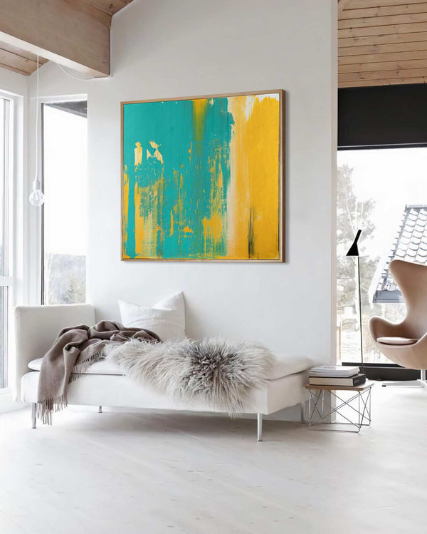 Alive, turquoise original abstract painting shown in a styled living room, by Nemanja Nikolic