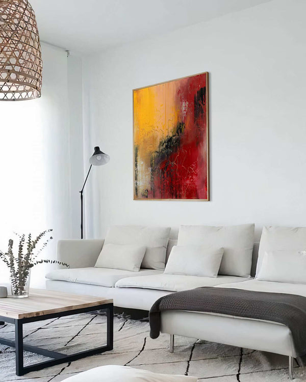 Along the Way, yellow original abstract painting shown in a styled living room, by Nemanja Nikolic