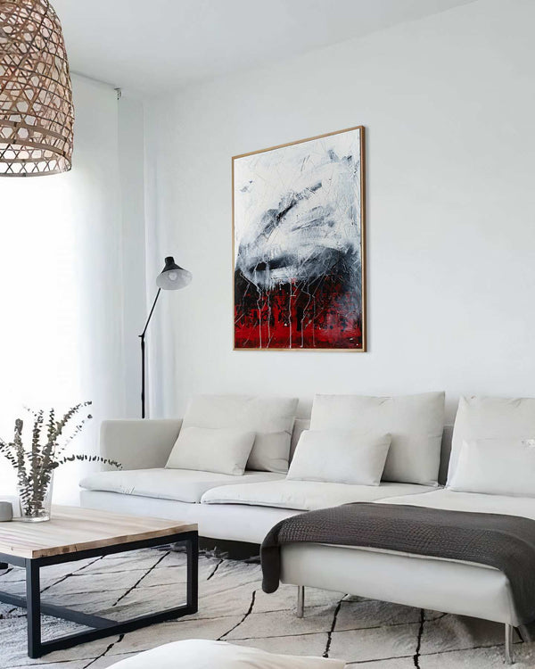 As Time Goes By, white original abstract painting shown in a styled living room, by Nemanja Nikolic