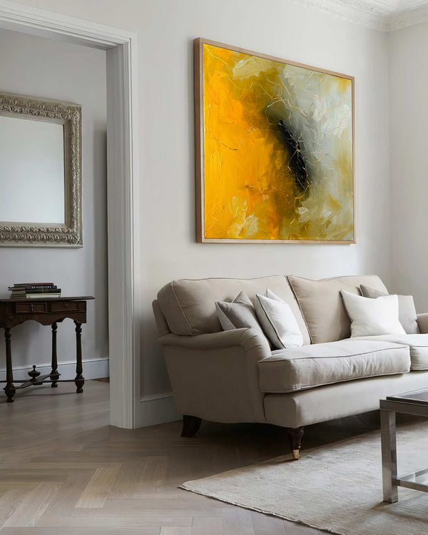As You Fade Away, yellow original abstract painting shown in a styled living room, by Nemanja Nikolic