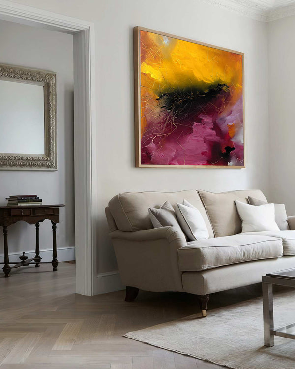 Back in the Deep, orange original abstract painting shown in a styled living room, by Nemanja Nikolic