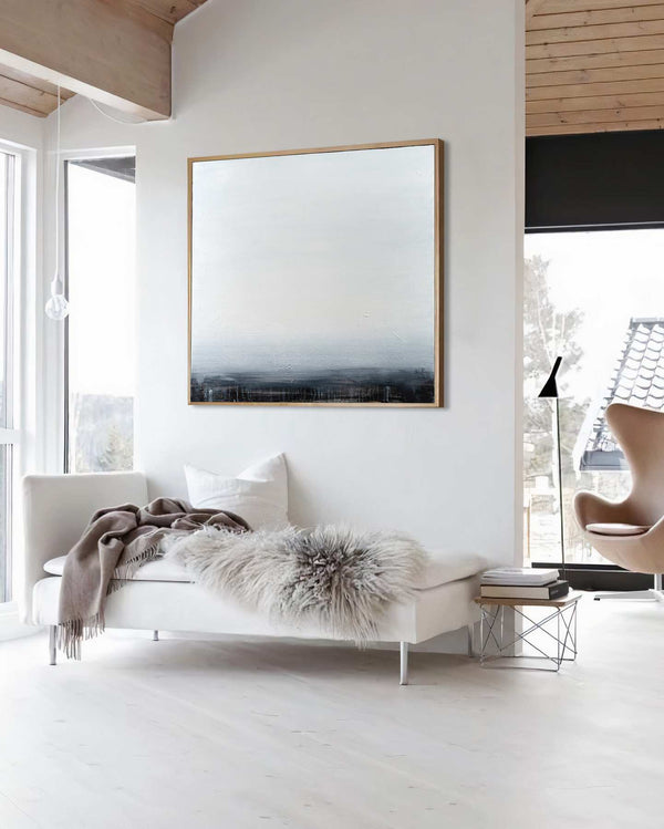Blinding Lights, white original abstract painting shown in a styled living room, by Nemanja Nikolic