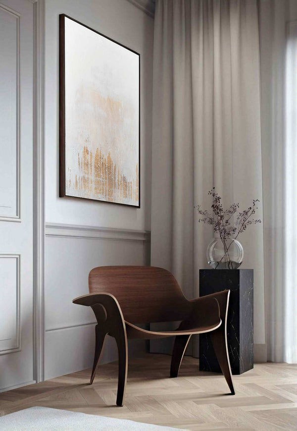 Catalyst for Change, white original abstract painting shown in a styled living room, by Nemanja Nikolic