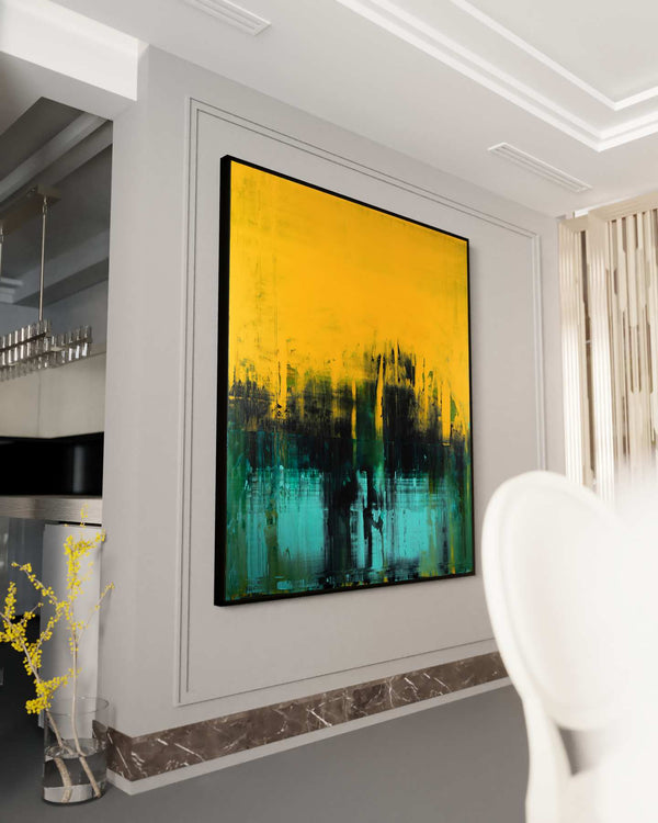 Down by the Water, yellow original abstract painting shown in a styled living room, by Nemanja Nikolic