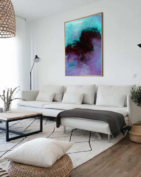 Echoes of Silence, turquoise original abstract painting shown in a styled living room, by Nemanja Nikolic