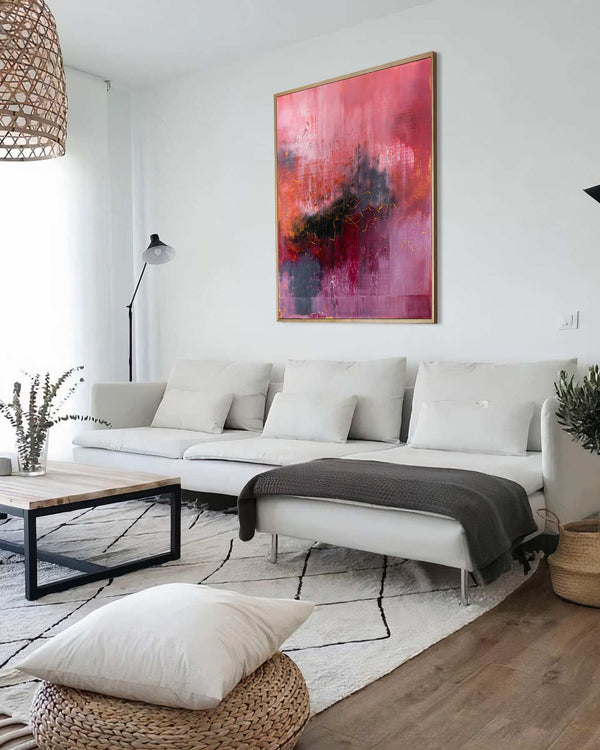 Echoes of You, pink original abstract painting shown in a styled living room, by Nemanja Nikolic