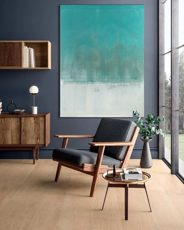 Endless Sea, turquoise original abstract painting shown in a styled living room, by Nemanja Nikolic