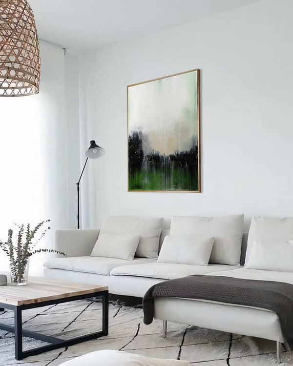 Fading Out, green original abstract painting shown in a styled living room, by Nemanja Nikolic