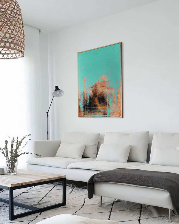 ‎Flames Within, green original abstract painting shown in a styled living room, by Nemanja Nikolic