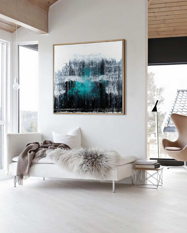 Forbidden Desire, white original abstract painting shown in a styled living room, by Nemanja Nikolic