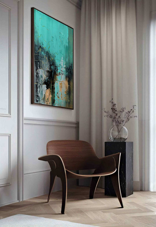 Fragmented Reflections, turquoise original abstract painting shown in a styled living room, by Nemanja Nikolic