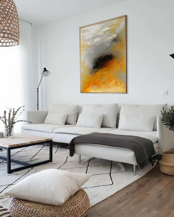 Golden Static, grey original abstract painting shown in a styled living room, by Nemanja Nikolic