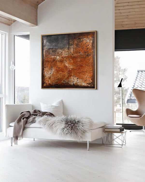 Gravity, green original abstract painting shown in a styled living room, by Nemanja Nikolic