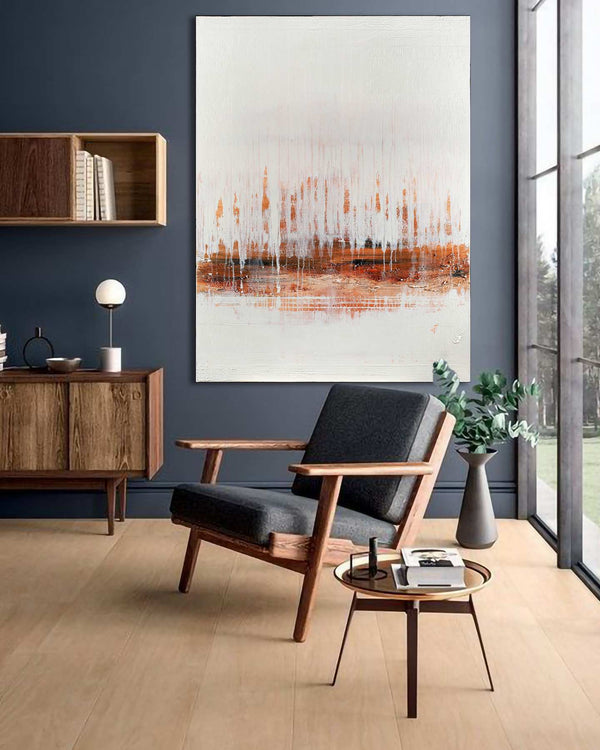 Holding Back the Years, cream original abstract painting shown in a styled living room, by Nemanja Nikolic