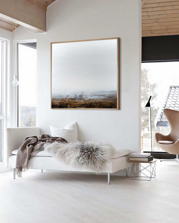 In Between Dreams, grey original abstract painting shown in a styled living room, by Nemanja Nikolic