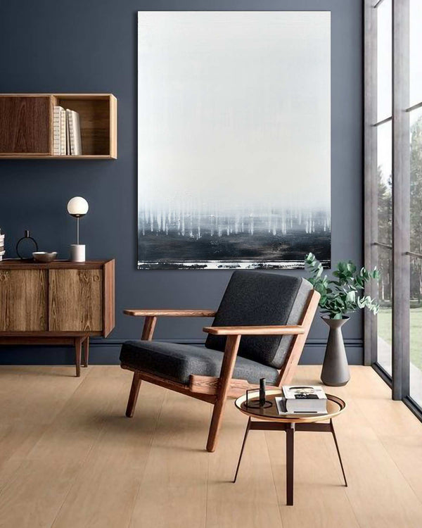 Internal Landscape, white original abstract painting shown in a styled living room, by Nemanja Nikolic