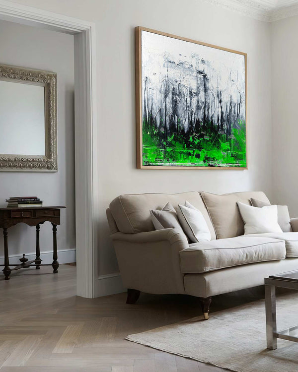 In the End, white original abstract painting shown in a styled living room, by Nemanja Nikolic