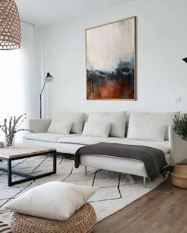 Into the Light, blue original abstract painting shown in a styled living room, by Nemanja Nikolic