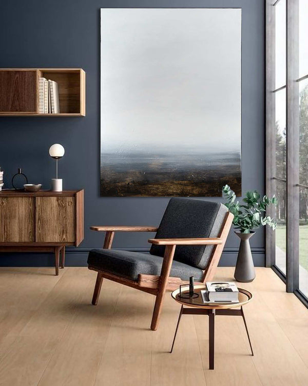 Into the Wild, cream original abstract painting shown in a styled living room, by Nemanja Nikolic