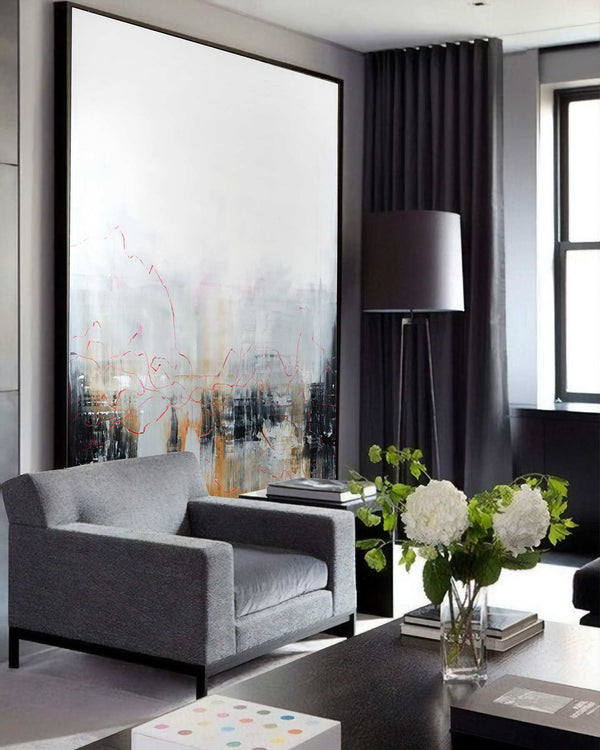 It All Comes Back, white original abstract painting shown in a styled living room, by Nemanja Nikolic