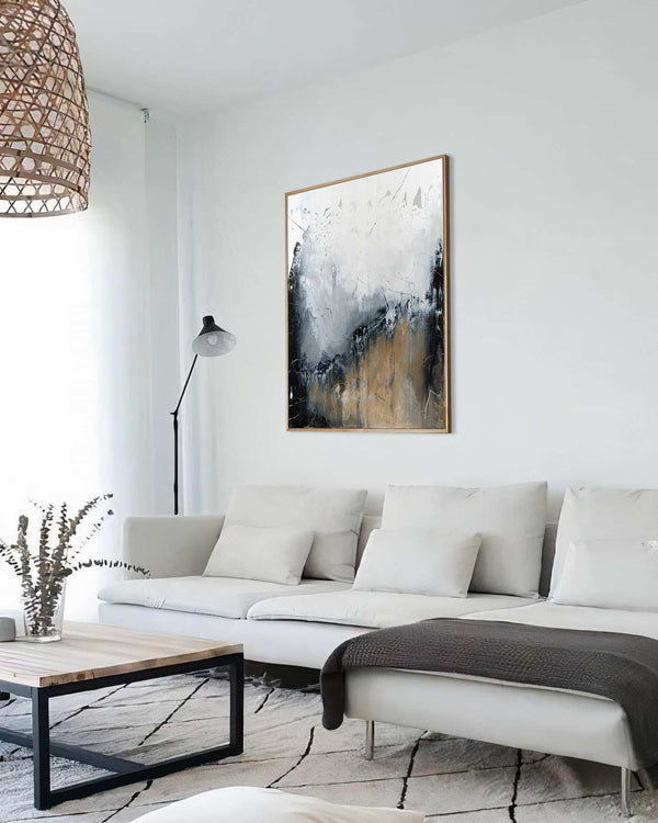 It Rained All Night, grey original abstract painting shown in a styled living room, by Nemanja Nikolic
