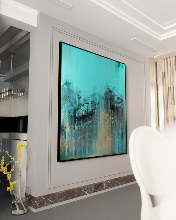 Jaws of Time, turquoise original abstract painting shown in a styled living room, by Nemanja Nikolic