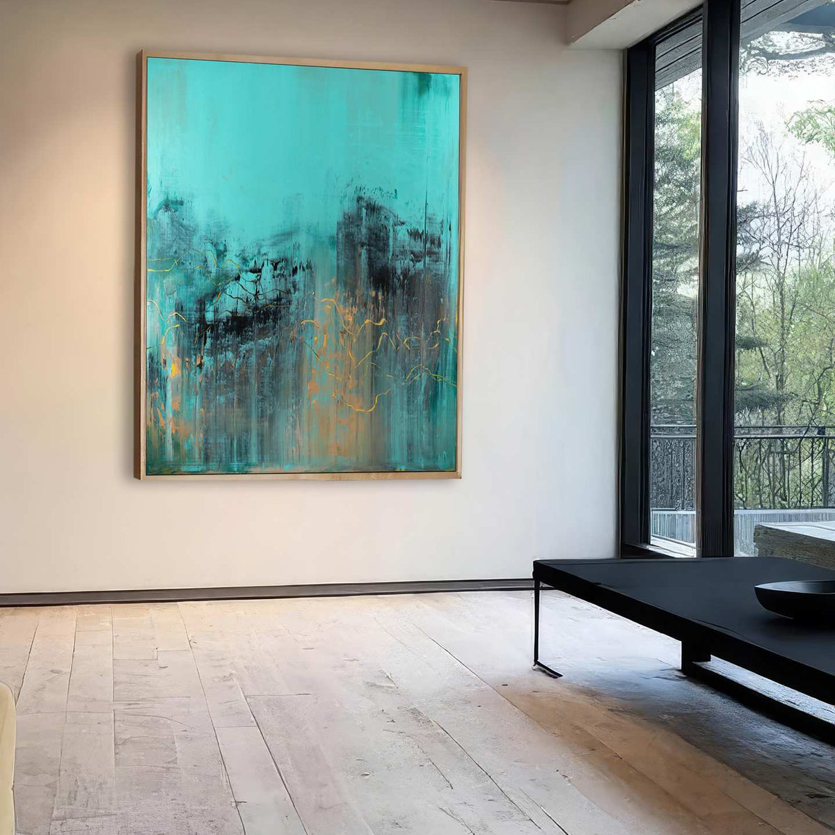 Large Turquoise and Black Abstract Painting, 63x55 Art | Nemanja
