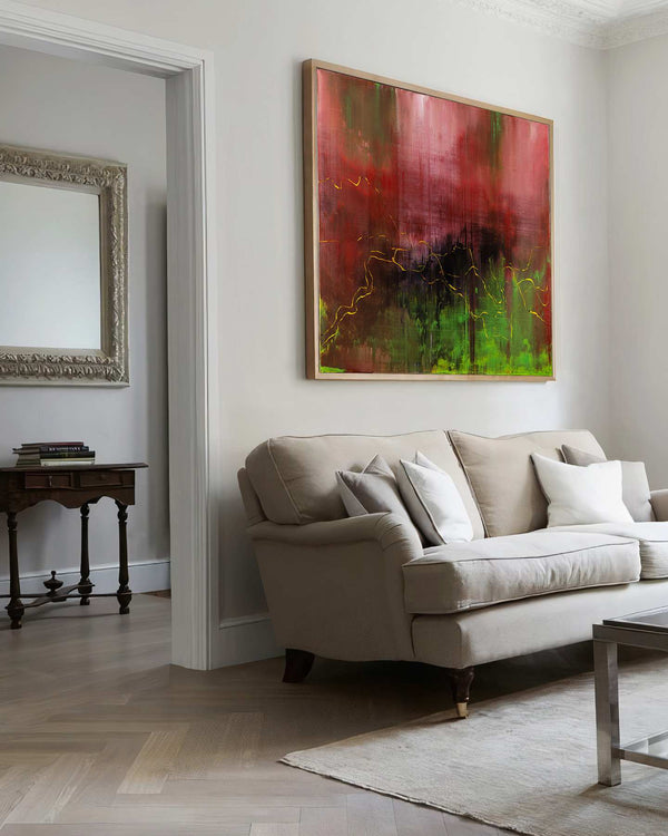 Kiss That Will Blow Your Mind, red original abstract painting shown in a styled living room, by Nemanja Nikolic
