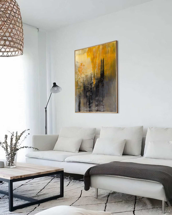 Light Interrupted, yellow original abstract painting shown in a styled living room, by Nemanja Nikolic