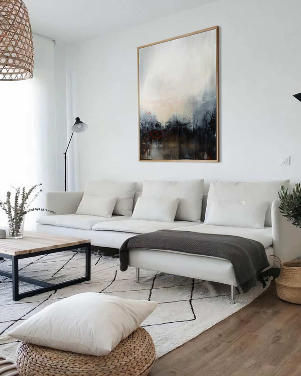Lost in a Cloud, turquoise original abstract painting shown in a styled living room, by Nemanja Nikolic
