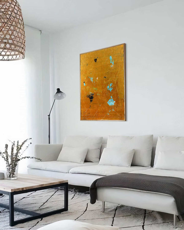 Lustre, gold original abstract painting shown in a styled living room, by Nemanja Nikolic