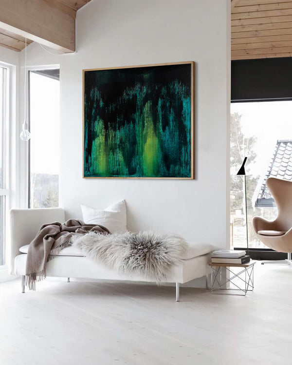 Midnight is where the day begins, green original abstract painting shown in a styled living room, by Nemanja Nikolic