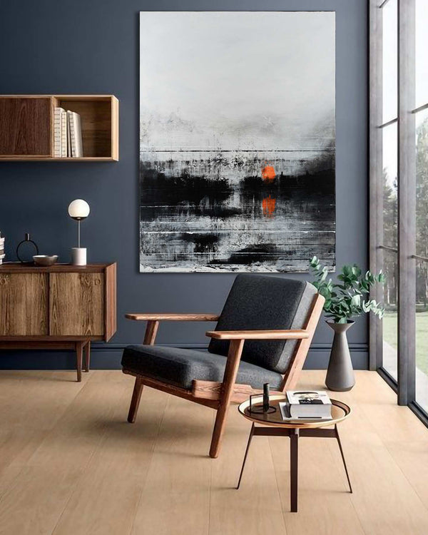 Modern Rituals, white original abstract painting shown in a styled living room, by Nemanja Nikolic