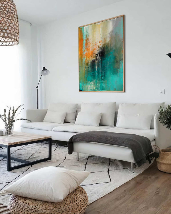 Moonlit Fracture, turquoise original abstract painting shown in a styled living room, by Nemanja Nikolic
