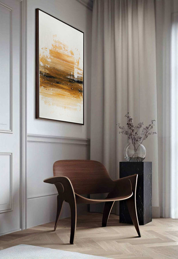 Morning's Promise, beige original abstract painting shown in a styled living room, by Nemanja Nikolic