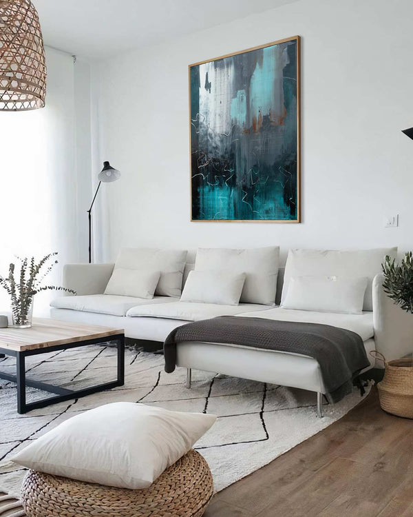 New Again, teal original abstract painting shown in a styled living room, by Nemanja Nikolic