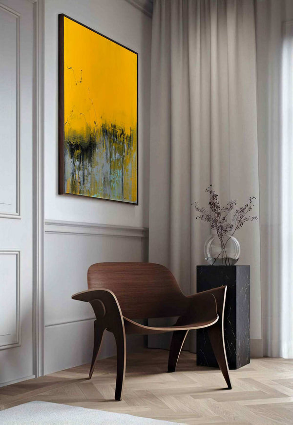 One Fine Morning, yellow original abstract painting shown in a styled living room, by Nemanja Nikolic