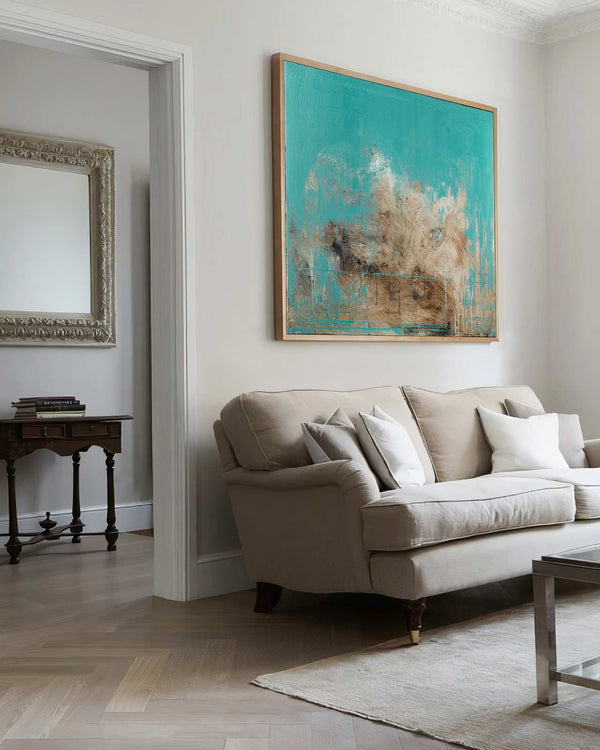 One Lost Soul, turquoise original abstract painting shown in a styled living room, by Nemanja Nikolic