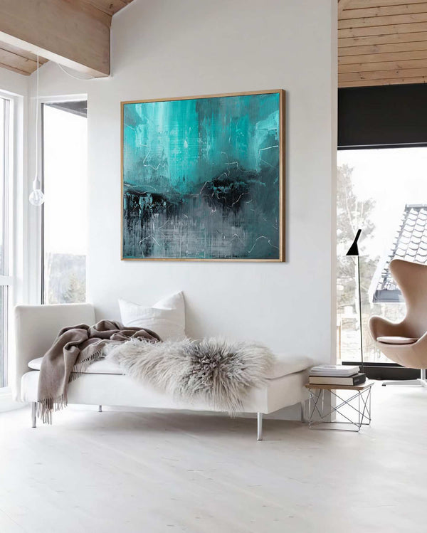 Out in the Dark, turquoise original abstract painting shown in a styled living room, by Nemanja Nikolic