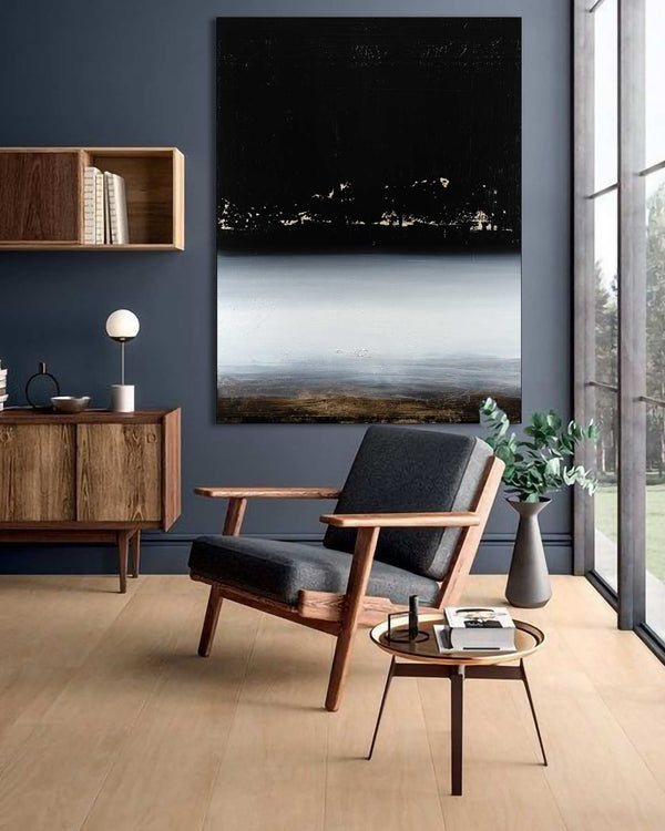 Over the Millennia, black original abstract painting shown in a styled living room, by Nemanja Nikolic