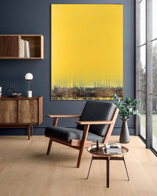 Peculiar Times, yellow original abstract painting shown in a styled living room, by Nemanja Nikolic