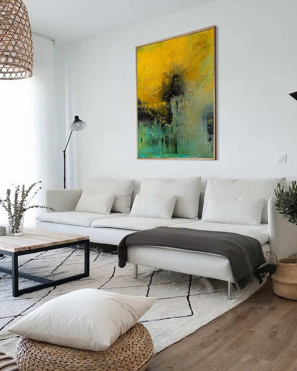Peek Into the Past, yellow original abstract painting shown in a styled living room, by Nemanja Nikolic