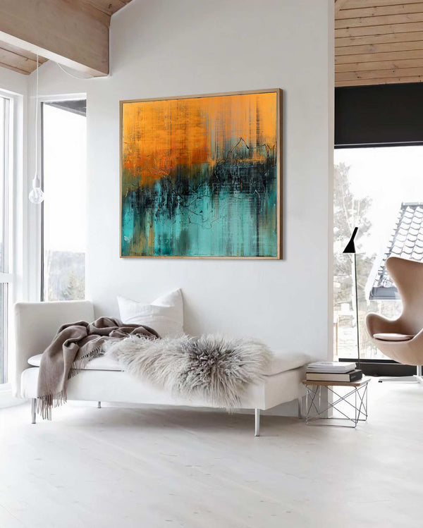 Quiet Night, orange original abstract painting shown in a styled living room, by Nemanja Nikolic