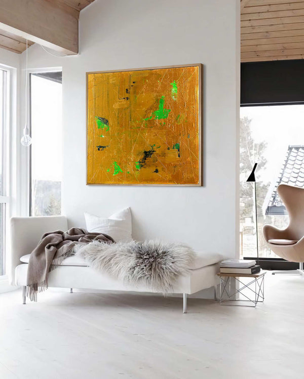Reflection of You, gold original abstract painting shown in a styled living room, by Nemanja Nikolic