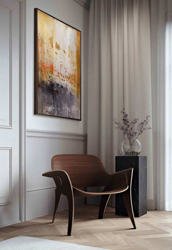 Shadows Folded Twice, beige original abstract painting shown in a styled living room, by Nemanja Nikolic