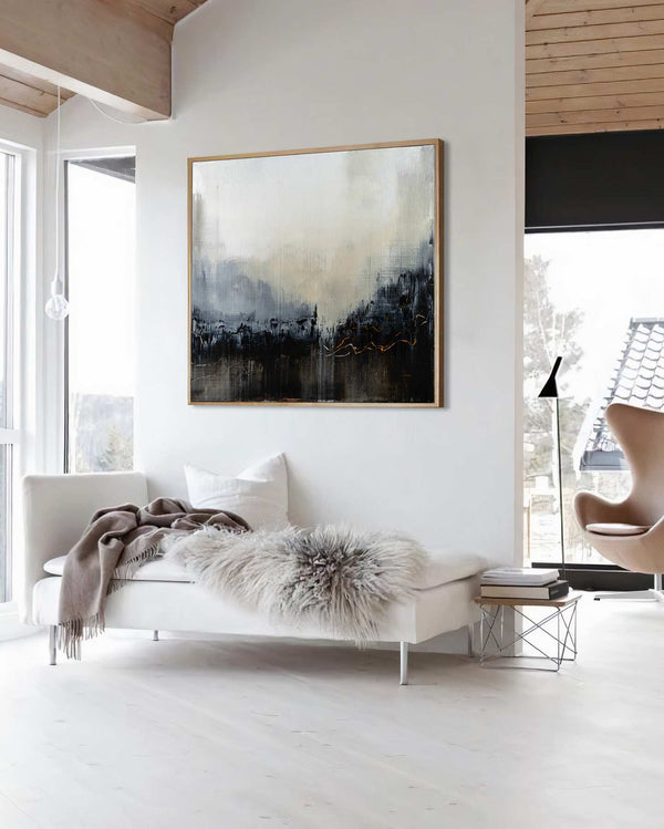 Shifting Equilibrium, grey original abstract painting shown in a styled living room, by Nemanja Nikolic