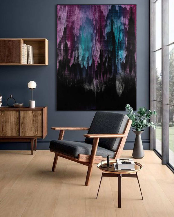 Shifting Through the Dark, purple original abstract painting shown in a styled living room, by Nemanja Nikolic